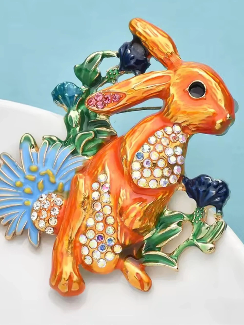 Cute Orange Rabbit Crystal Brooch